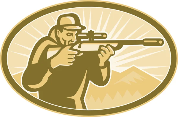 Hunter apuntando rifle oval retro — Vector de stock