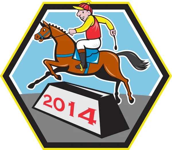 Ano do cavalo 2014 Jockey Jumping Cartoon — Vetor de Stock