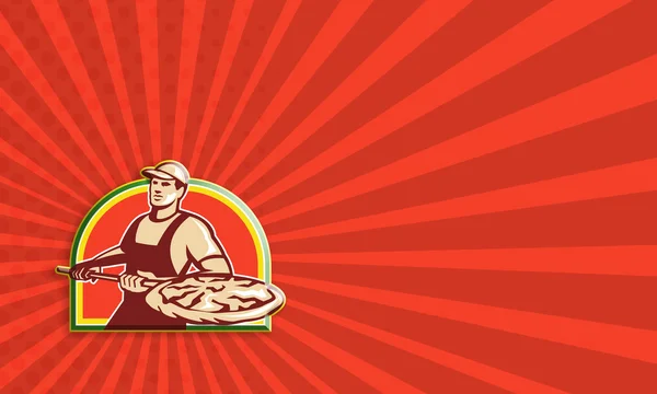 Baker håller skal med pizzapie retro — Stockfoto