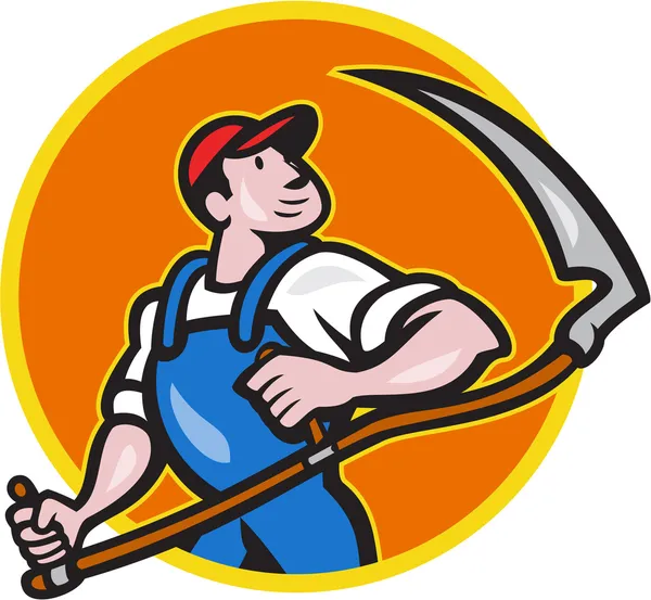 Boer werknemer houden scythe cirkel cartoon — Stockvector