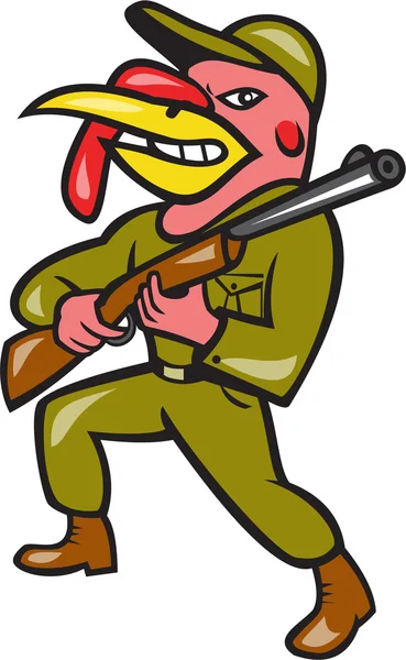 Turkey Hunter Carry Rifle Shotgun Cartoon — Stock Vector