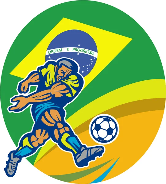 Brazilië voetbal voetbalspeler schoppen de bal retro — Stockvector