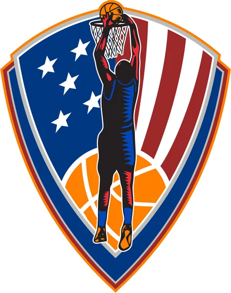 Giocatore di basket americano dunk retro scudo palla — Vettoriale Stock