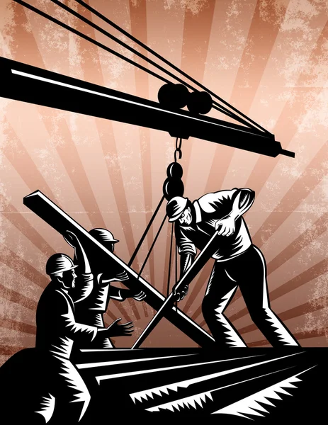 Construction Team Workers Woodcut Retro Poster — Stock Photo, Image