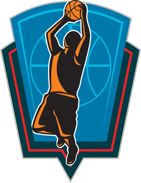 Baloncesto jugador rebotando escudo de pelota retro — Vector de stock