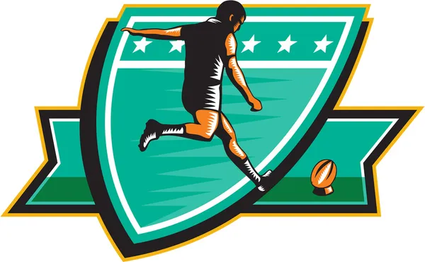 Jogador de rugby chutando bola escudo retro — Vetor de Stock