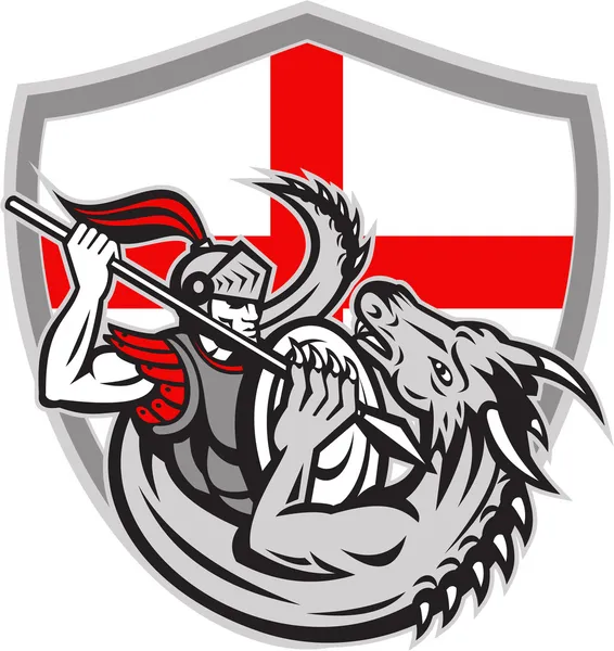 Cavaleiro inglês lutando dragão Inglaterra bandeira escudo retro — Vetor de Stock