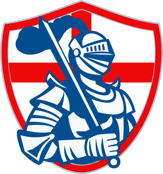 英语的骑士高举剑英格兰盾旗帜复古 — 图库矢量图片