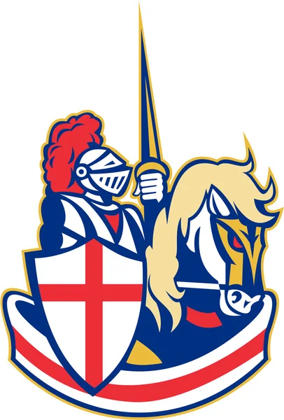 English Knight Riding Horse England Flag Retro — Stock Vector