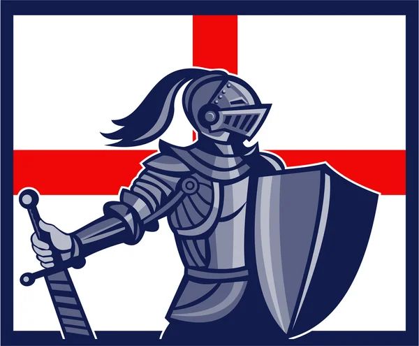 English Knight Holding Sword England Flag Retro — Stock Vector
