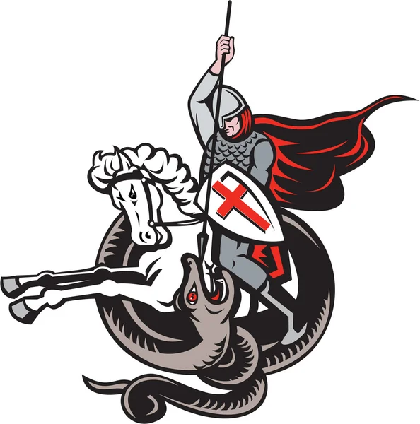 English Knight Fighting Dragon England Flag Shield Retro — Stock Vector