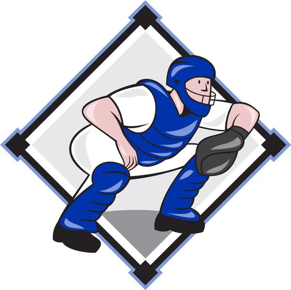 Honkbal catcher vangen kant diamant cartoon — Stockvector