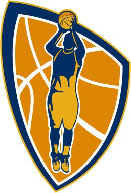 Basketbol oyuncu atlama atış topu kalkan retro