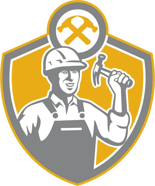 Construtor Carpinteiro martelo escudo retro —  Vetores de Stock