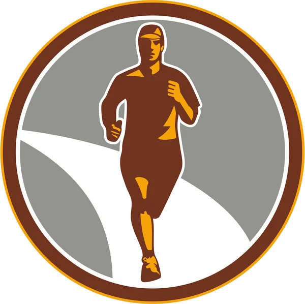 Marathon Runner Front Circle Rétro — Image vectorielle