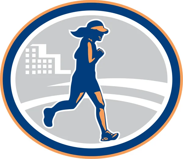 Female Marathon Runner City Retro — Stock Vector