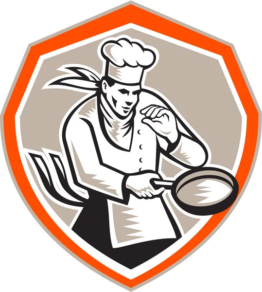 Chef cocinero sosteniendo sartén retro — Vector de stock