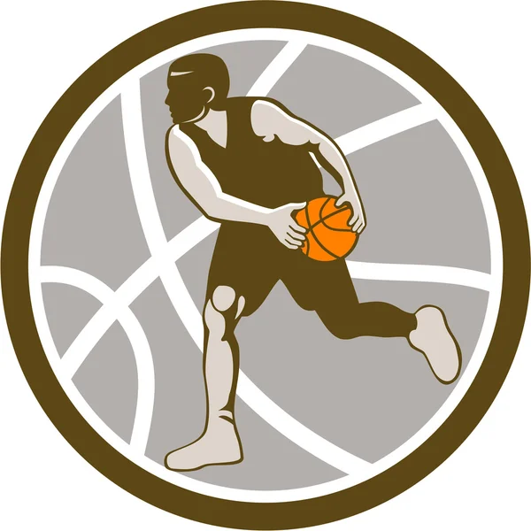 Basketbalspeler dribbelen de bal cirkel retro — Stockvector