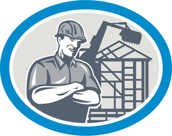 Construtor de construção trabalhador mecânico escavador oval — Vetor de Stock