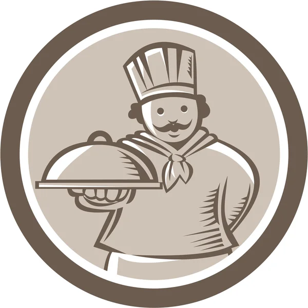 Μάγειρας του σεφ που σερβίρει φαγητό πιατέλα κύκλο — Διανυσματικό Αρχείο
