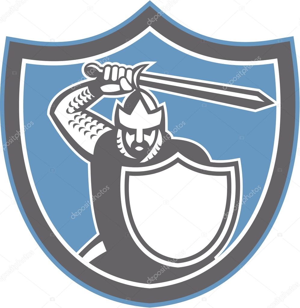 Crusader Knight Brandish Sword Shield Retro