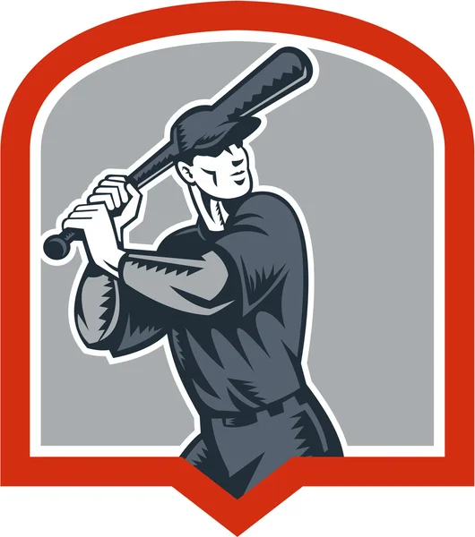 Baseball Batter Batting Woodcut Shield — Stock Vector