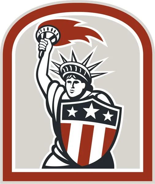 Statue of Liberty Holding Flaming Torch Shield Retro — Stock Vector