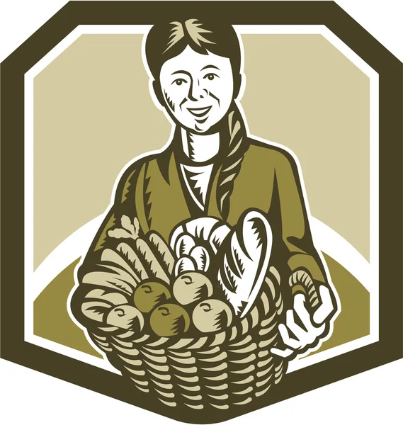 Γυναίκα γεωργός οργανικών καλλιεργειών συγκομιδή ξυλογραφία — Διανυσματικό Αρχείο