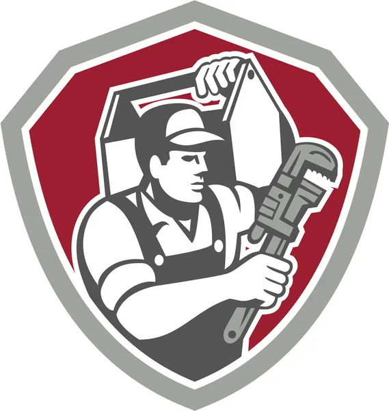 Boîte à outils de transport de plombier Clé à outils Shield Retro — Image vectorielle