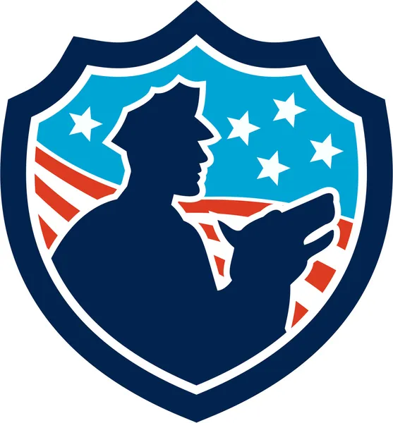 Guardia de seguridad estadounidense con escudo de perro de policía — Vector de stock