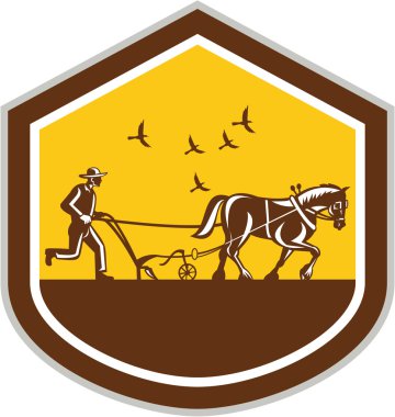 Farmer and Horse Plowing Field Shield Retro clipart