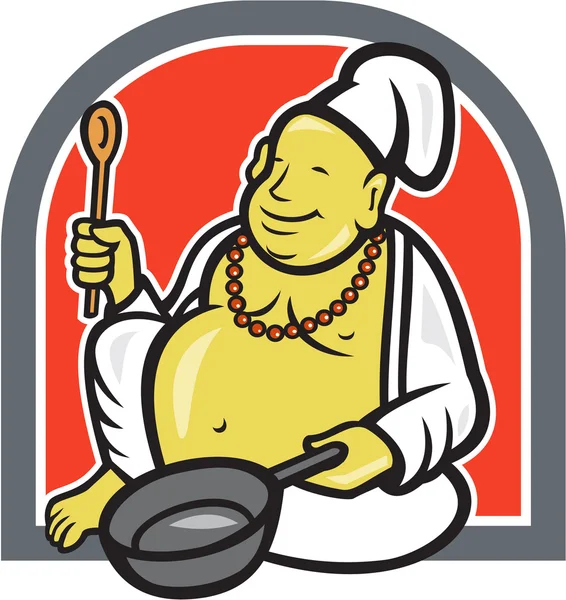 Fat Happy Buddha Chef Cook Cartoon — Stock Vector