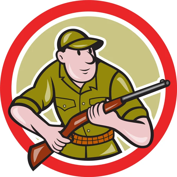 Hunter dragen geweer cirkel cartoon — Stockvector