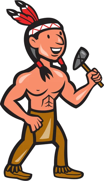 Native American Holding Tomahawk Desenhos animados — Vetor de Stock