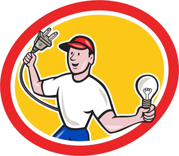 Elektricien holding stekker en lamp cartoon — Stockvector