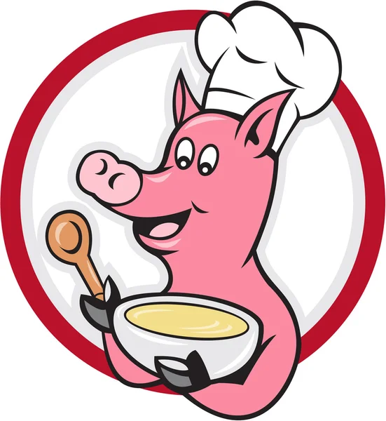 Pig Chef Cook Holding Bowl Cartoon — Stock Vector