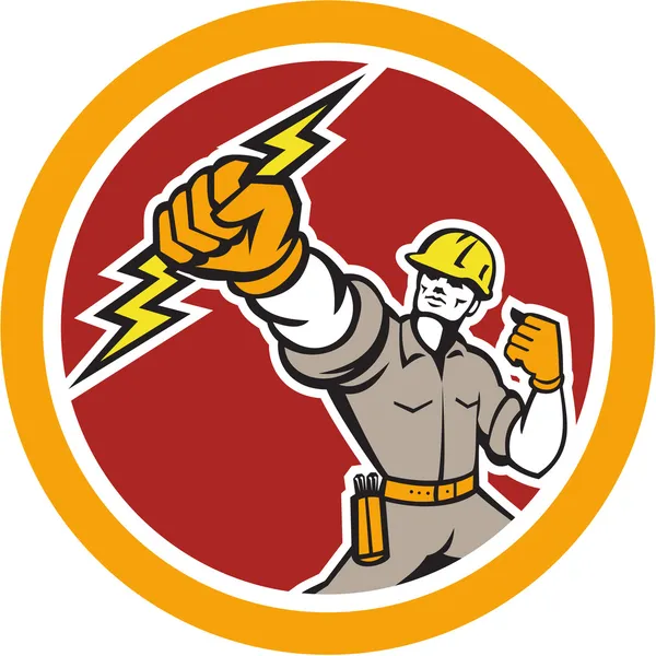 Electrician Wielding Lightning Bolt Circle Retro — Stock Vector