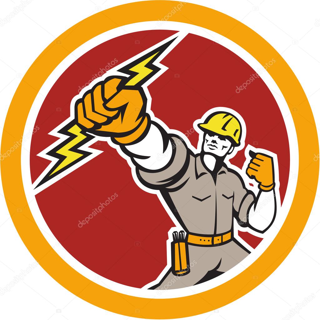 Electrician Wielding Lightning Bolt Circle Retro