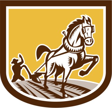 Farmer and Horse Plow Farm Crest Woodcut Retro clipart