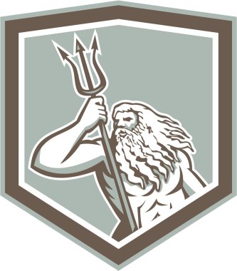 Neptune Holding Trident Shield Retro clipart