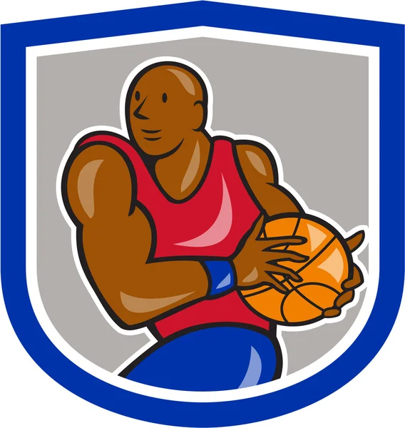 Basketbalspeler die bal schild cartoon — Stockvector
