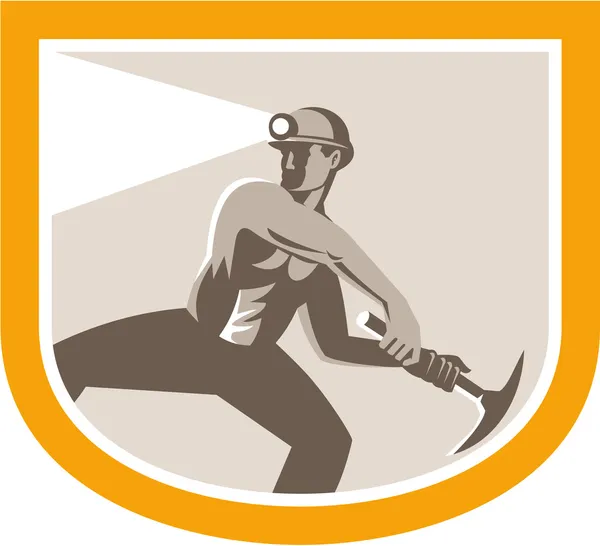 Coal Miner Wielding Pick Axe Shield Retro — Stock Vector