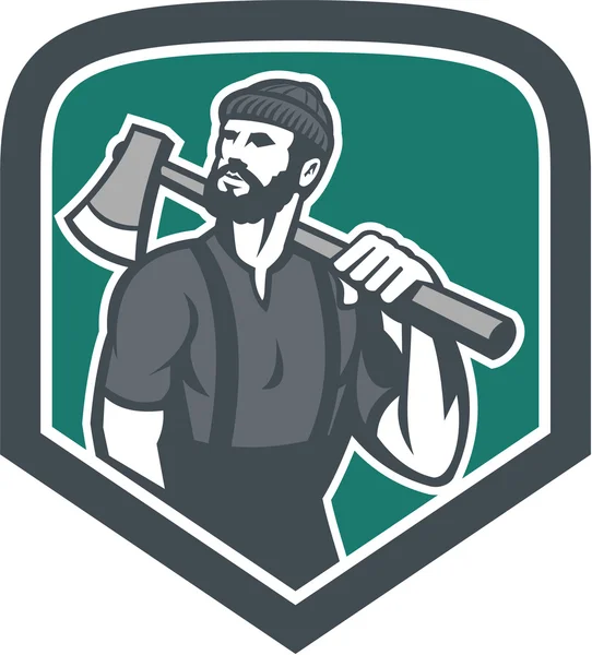 Lumberjack segurando Axe escudo retro — Vetor de Stock