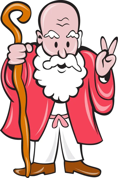 Bearded Old Man Staff Peace Sign Cartoon — Stock Vector