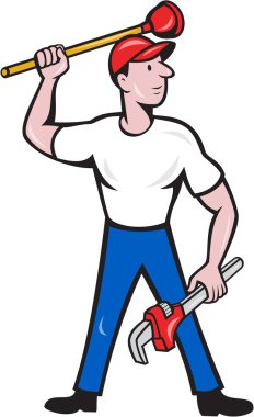 Tesisatçı ellerinde İngiliz anahtarı pistonu izole karikatür