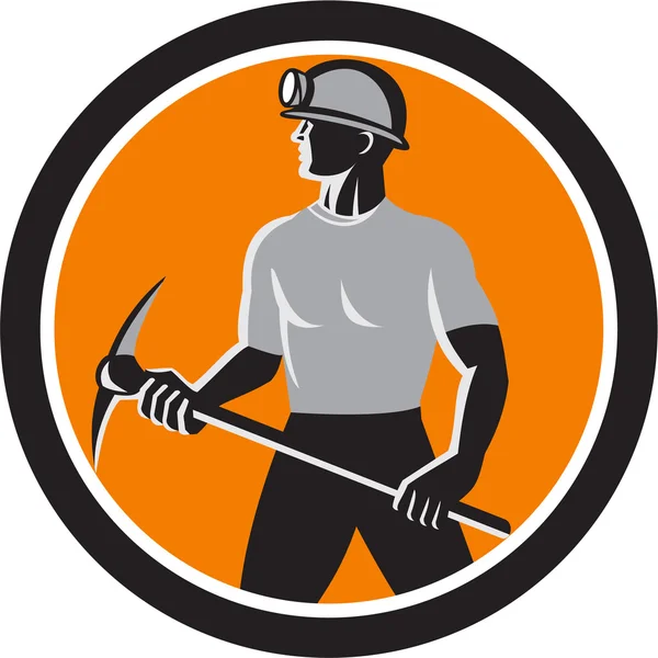 Coal Miner Holding Pick Axe Side Circle Retro — Stock Vector