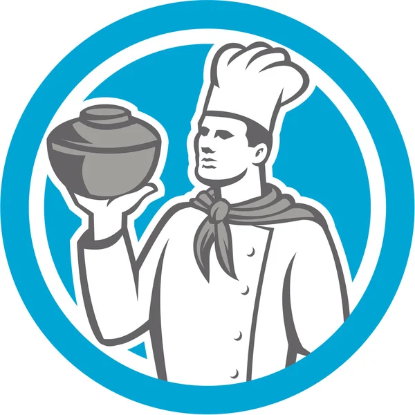 Chef cocinero sosteniendo olla retro — Vector de stock