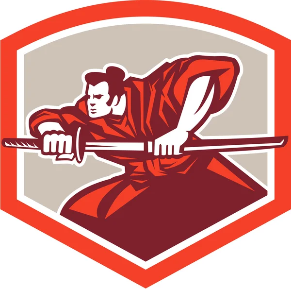 Samurai-Krieger zeichnet Katana-Schwertschild — Stockvektor