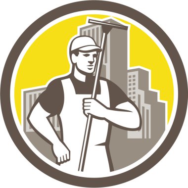 Window Cleaner Worker Holding Squeegee Circle clipart