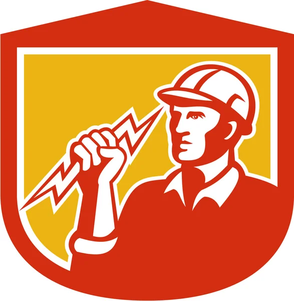 Electrician Clutching Lightning Bolt Shield — Stock Vector